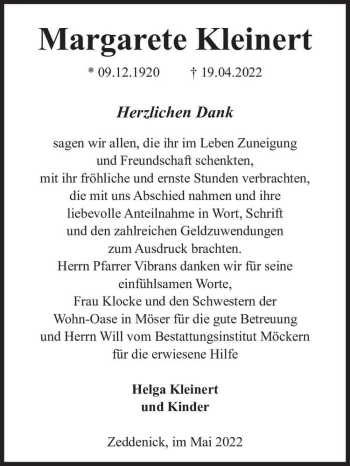 Traueranzeige von Margarete Kleinert  von Magdeburger Volksstimme