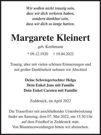 Traueranzeige von Margarete Kleinert (geb. Korthmann)  von Magdeburger Volksstimme