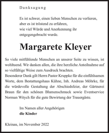 Traueranzeige von Margarete Kleyer  von Magdeburger Volksstimme