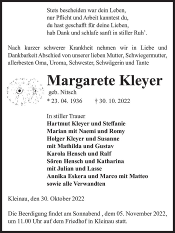 Traueranzeige von Margarete Kleyer (geb. Nitsch)  von Magdeburger Volksstimme