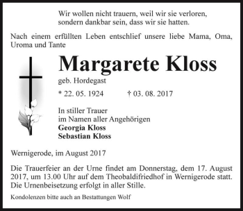 Traueranzeige von Margarete Kloss (geb. Hordegast)  von Magdeburger Volksstimme