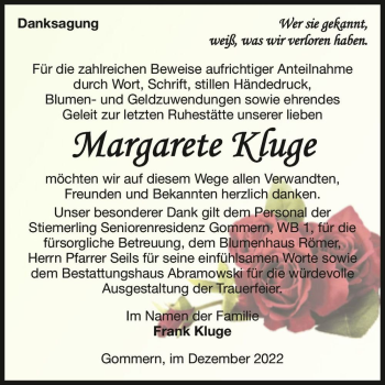 Traueranzeige von Margarete Kluge  von Magdeburger Volksstimme