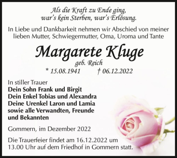 Traueranzeige von Margarete Kluge (geb. Reich)  von Magdeburger Volksstimme