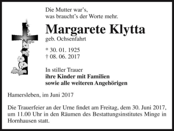 Traueranzeige von Margarete Klytta (geb. Ochsenfahrt)  von Magdeburger Volksstimme