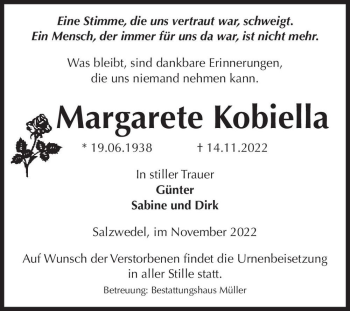 Traueranzeige von Margarete Kobiella  von Magdeburger Volksstimme
