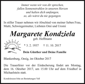 Traueranzeige von Margarete Kondziela (geb. Hoffmann)  von Magdeburger Volksstimme