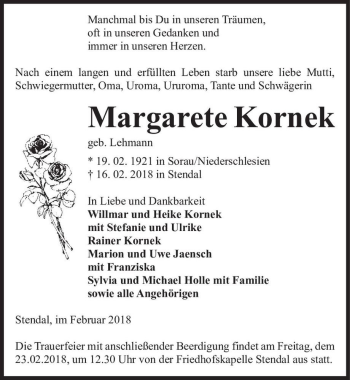 Traueranzeige von Margarete Kornek (geb. Lehmann)  von Magdeburger Volksstimme