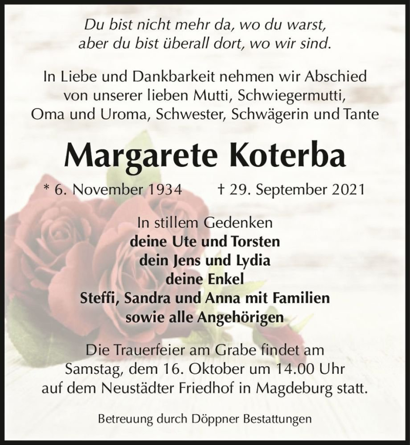  Traueranzeige für Margarete Koterba  vom 09.10.2021 aus Magdeburger Volksstimme
