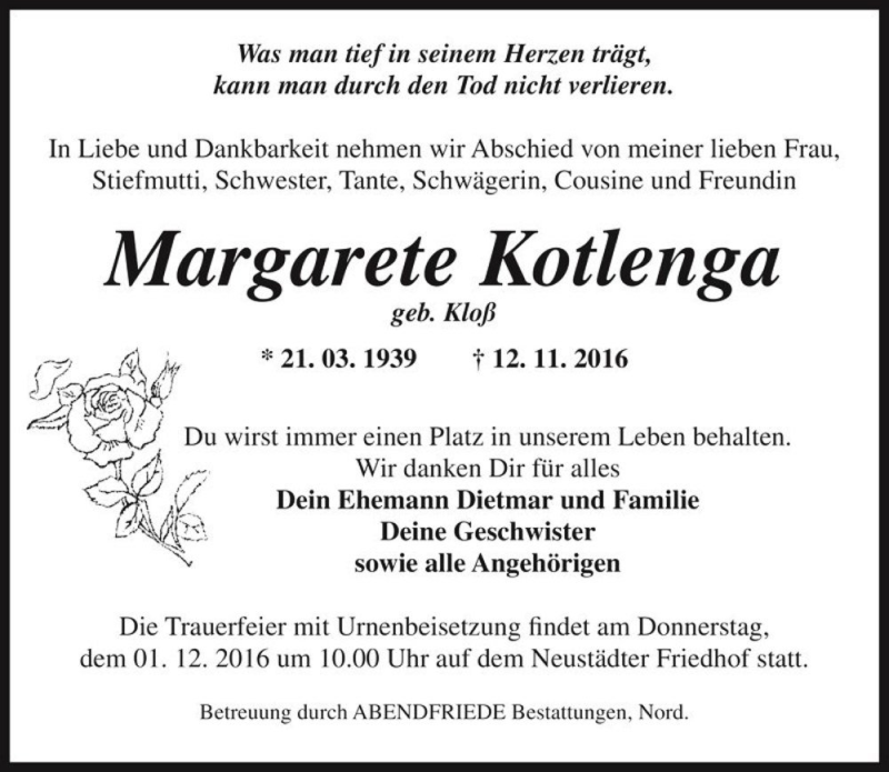  Traueranzeige für Margarete Kotlenga (geb. Kloß)  vom 19.11.2016 aus Magdeburger Volksstimme