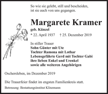 Traueranzeige von Margarete Kramer (geb. Künzel)  von Magdeburger Volksstimme