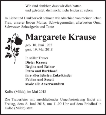 Traueranzeige von Margarete Krause  von Magdeburger Volksstimme