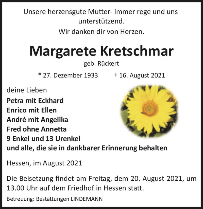  Traueranzeige für Margarete Kretschmar (geb. Rückert)  vom 19.08.2021 aus Magdeburger Volksstimme