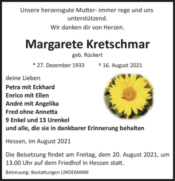 Traueranzeige von Margarete Kretschmar (geb. Rückert)  von Magdeburger Volksstimme