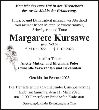 Traueranzeige von Margarete Kursawe (geb. Nothe)  von Magdeburger Volksstimme