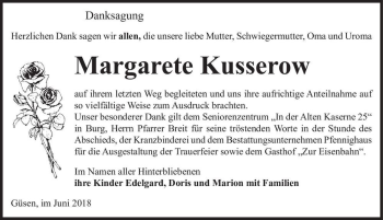 Traueranzeige von Margarete Kusserow  von Magdeburger Volksstimme