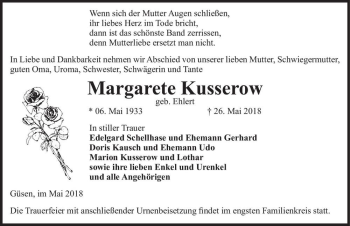 Traueranzeige von Margarete Kusserow (geb. Ehlert)  von Magdeburger Volksstimme