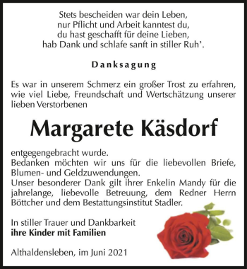 Traueranzeige von Margarete Käsdorf  von Magdeburger Volksstimme