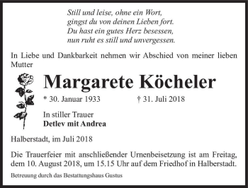 Traueranzeige von Margarete Köcheler  von Magdeburger Volksstimme