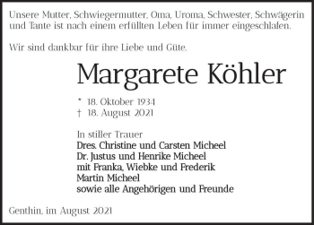 Traueranzeige von Margarete Köhler  von Magdeburger Volksstimme