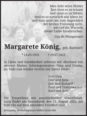 Traueranzeige von Margarete König (geb. Kuntzsch)  von Magdeburger Volksstimme