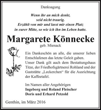 Traueranzeige von Margarete Könnecke (geb. Mienack)  von Magdeburger Volksstimme