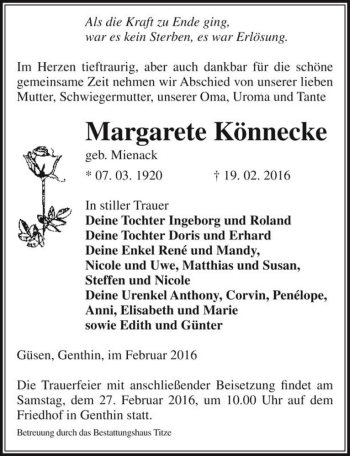 Traueranzeige von Margarete Könnecke (geb. Mienack)  von Magdeburger Volksstimme