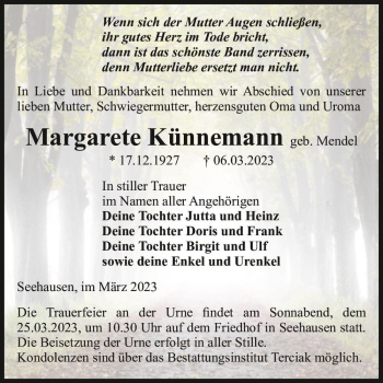 Traueranzeige von Margarete Künnemann (geb. Mendel)  von Magdeburger Volksstimme