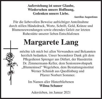 Traueranzeige von Margarete Lang  von Magdeburger Volksstimme