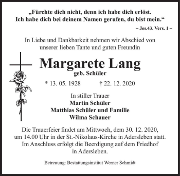 Traueranzeige von Margarete Lang (geb. Schüler)  von Magdeburger Volksstimme