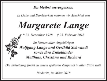Traueranzeige von Margarete Lange  von Magdeburger Volksstimme