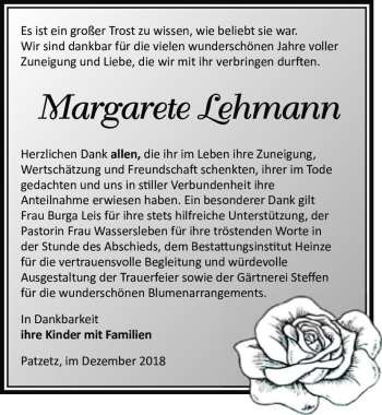 Traueranzeige von Margarete Lehmann  von Magdeburger Volksstimme