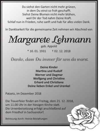 Traueranzeige von Margarete Lehmann (geb. Appold)  von Magdeburger Volksstimme