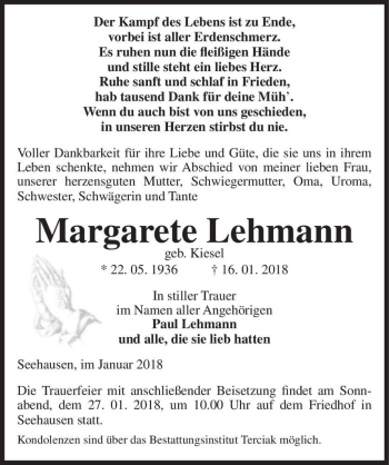 Traueranzeige von Margarete Lehmann (geb. Kiesel)  von Magdeburger Volksstimme
