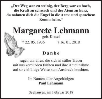 Traueranzeige von Margarete Lehmann (geb. Kiesel)  von Magdeburger Volksstimme