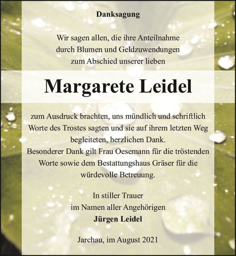  Traueranzeige für Margarete Leidel  vom 20.08.2021 aus Magdeburger Volksstimme