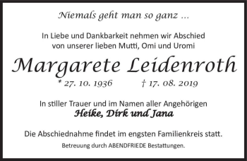 Traueranzeige von Margarete Leidenroth  von Magdeburger Volksstimme