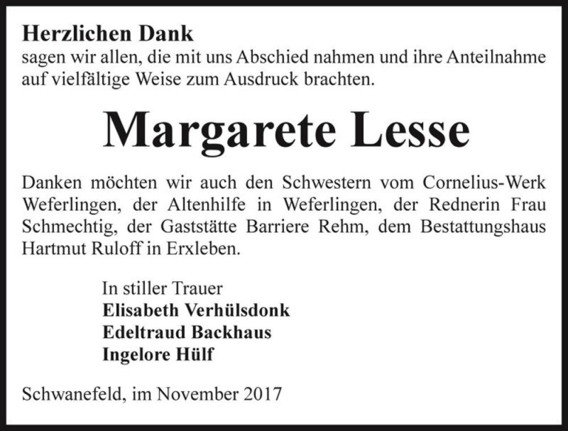  Traueranzeige für Margarete Lesse  vom 25.11.2017 aus Magdeburger Volksstimme