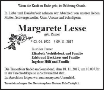 Traueranzeige von Margarete Lesse (geb. Rainer)  von Magdeburger Volksstimme