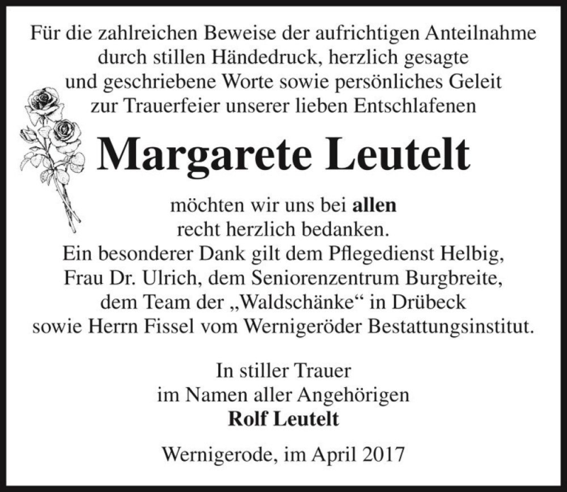  Traueranzeige für Margarete Leutelt  vom 12.04.2017 aus Magdeburger Volksstimme