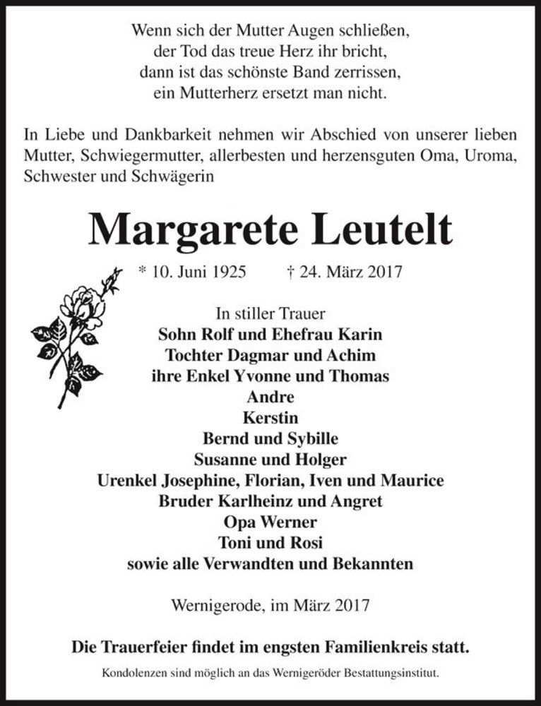  Traueranzeige für Margarete Leutelt  vom 29.03.2017 aus Magdeburger Volksstimme