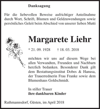 Traueranzeige von Margarete Liehr  von Magdeburger Volksstimme