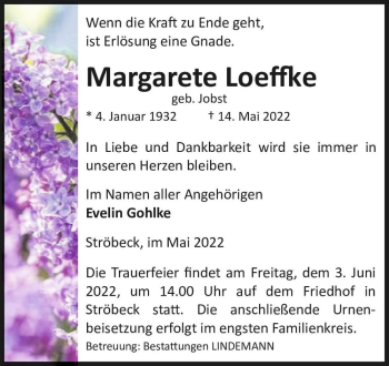 Traueranzeige von Margarete Loeffke (geb. Jobst)  von Magdeburger Volksstimme