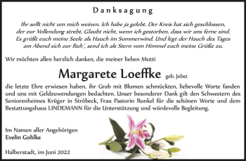 Traueranzeige von Margarete Loeffke (geb. Jobst)  von Magdeburger Volksstimme