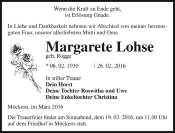 Traueranzeige von Margarete Lohse (geb. Rogge)  von Magdeburger Volksstimme