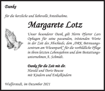 Traueranzeige von Margarete Lotz  von Magdeburger Volksstimme