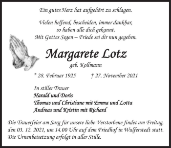 Traueranzeige von Margarete Lotz (geb. Kollmann)  von Magdeburger Volksstimme