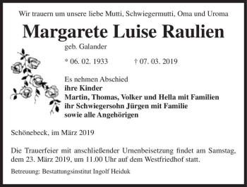 Traueranzeige von Margarete Luise Raulien (geb. Galander)  von Magdeburger Volksstimme