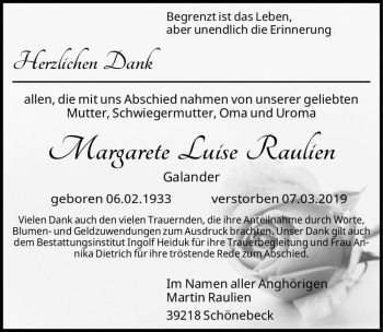 Traueranzeige von Margarete Luise Raulien (geb. Galander)  von Magdeburger Volksstimme