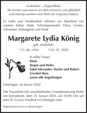 Traueranzeige von Margarete Lydia König (geb. Anderfuhr)  von Magdeburger Volksstimme
