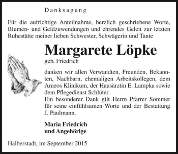 Traueranzeige von Margarete Löpke (geb. Friedrich)  von Magdeburger Volksstimme